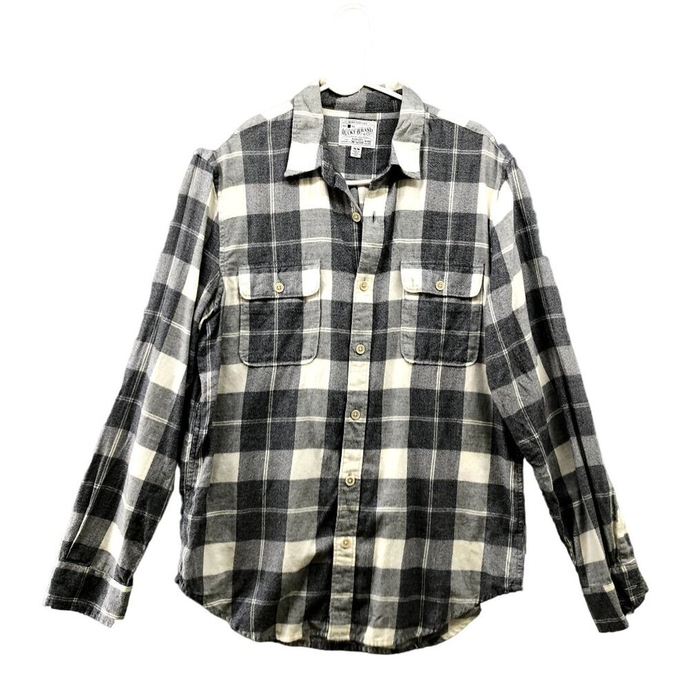 Lucky Brand Lightweight Flannel Shirt Mens M Gray Plaid Button Down Long Sleeve